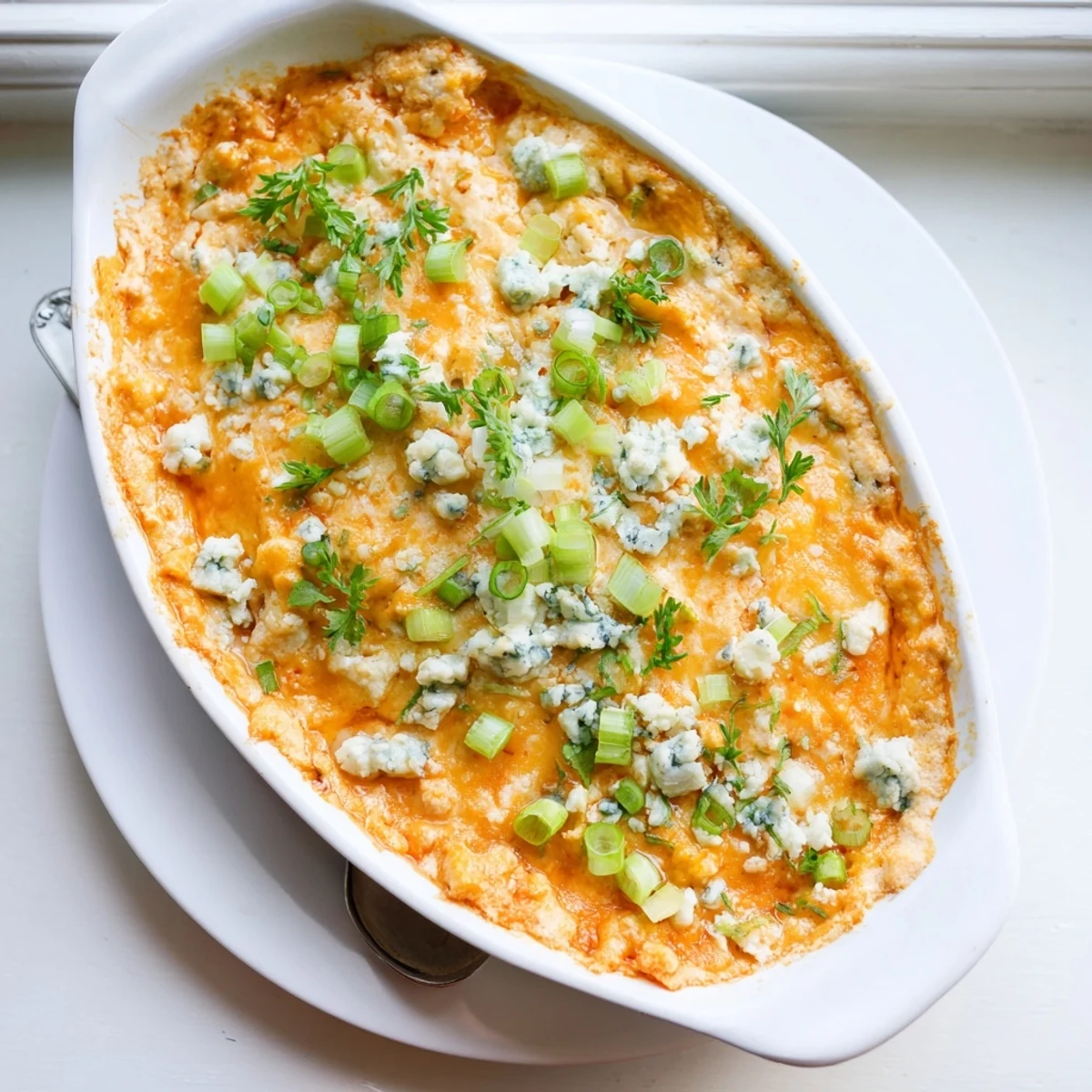 Golden cheesy white bean buffalo dip bubbling hot with melted cheddar and blue cheese crumbles