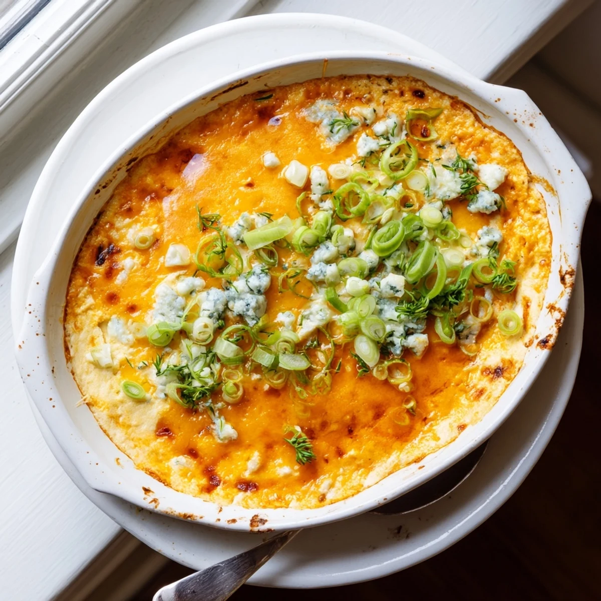 Bubbling oven-baked white bean buffalo dip featuring melted sharp cheddar and fresh parsley garnish