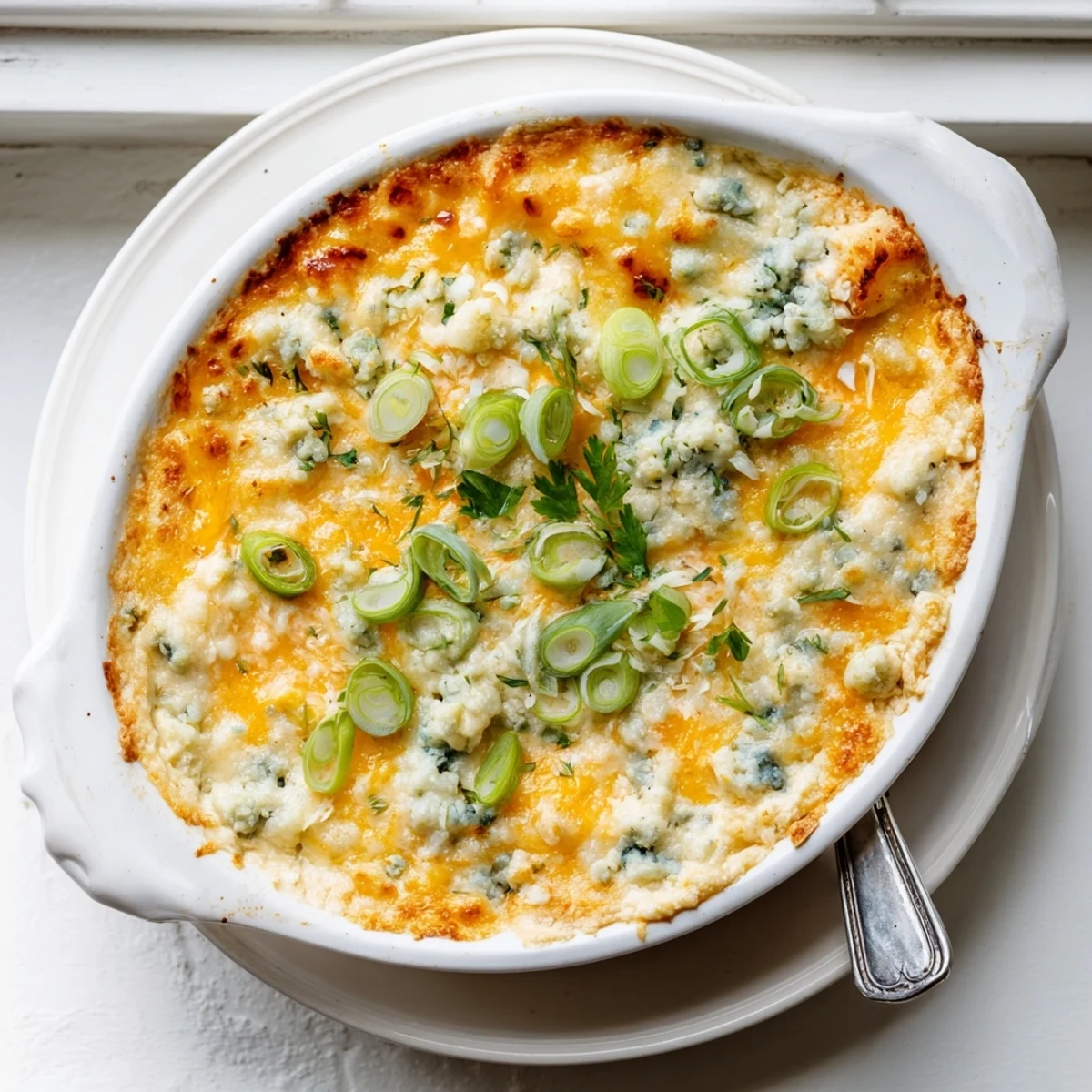 Creamy white bean buffalo dip topped with green onions served with crispy tortilla chips for dipping