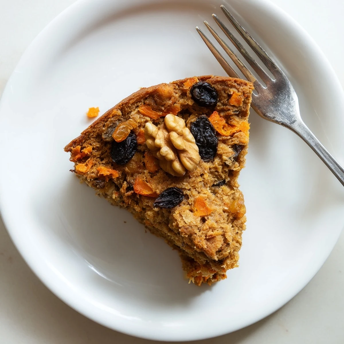 Moist flourless oatmeal carrot cake slice topped with cream cheese frosting and chopped walnuts on a white plate