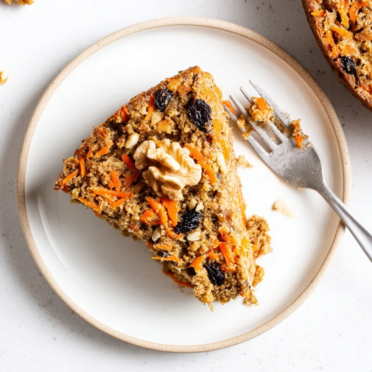 Wholesome flourless oatmeal carrot cake close-up showing tender crumb texture with visible carrot shreds and raisins