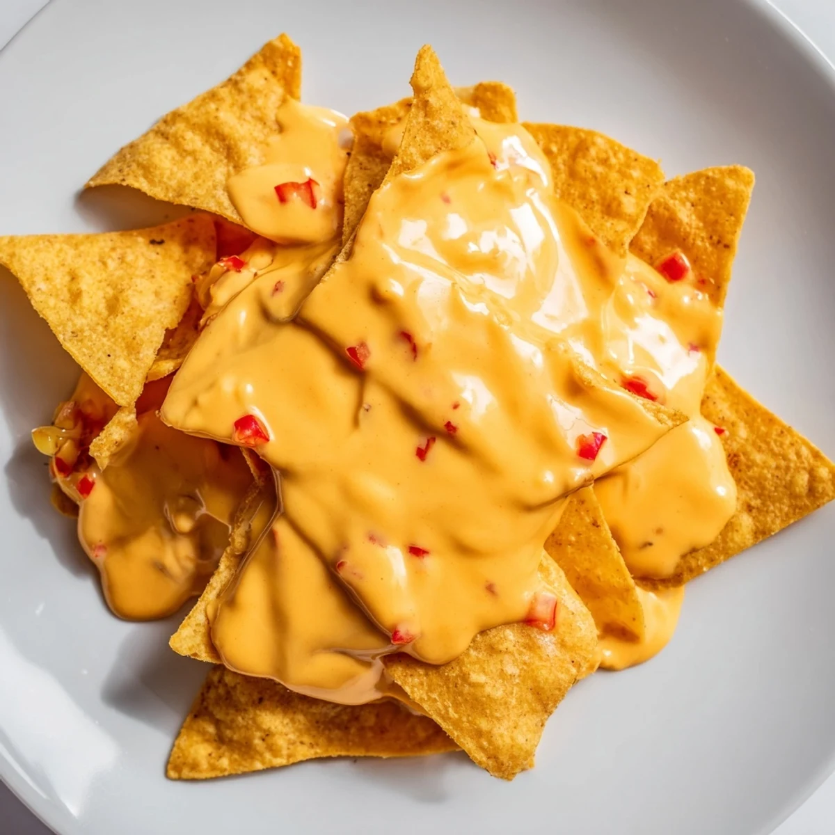 Creamy vegan nacho cashew cheese sauce drizzled generously over crispy tortilla chips