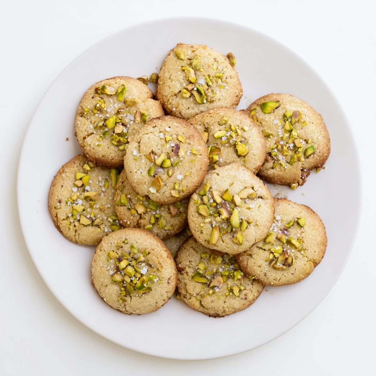 Soft golden Salted Honey Pistachio Cookies topped with flaky sea salt on a rustic wooden board