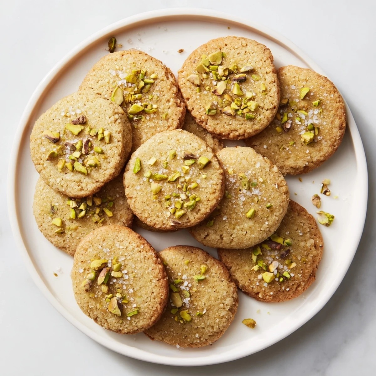 Chewy honey pistachio cookies with green nut chunks and glistening salt crystals on baking sheet