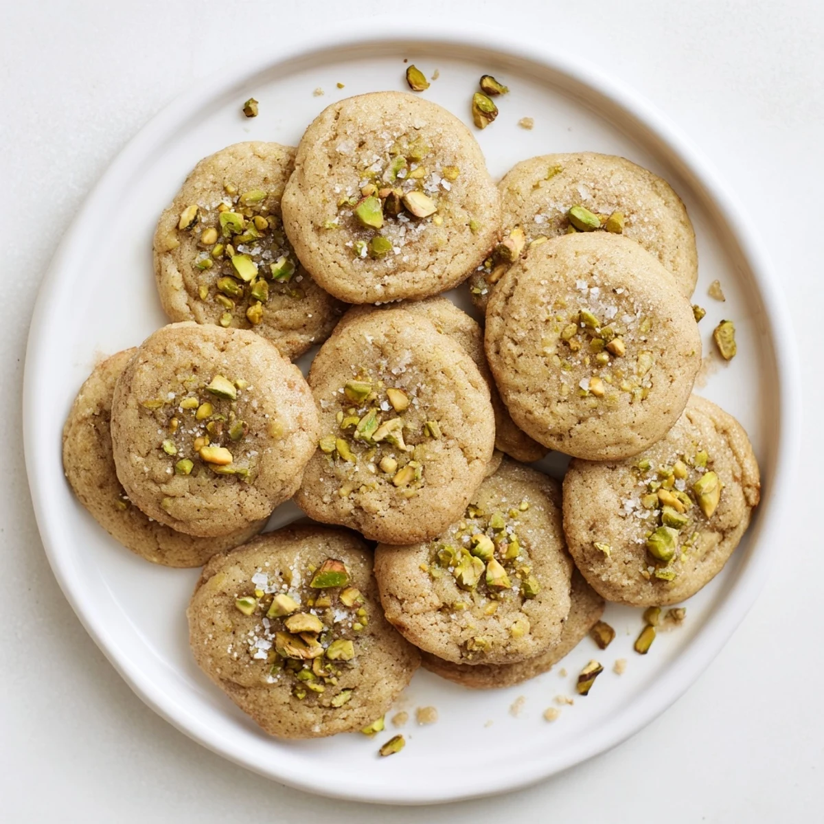 Freshly baked Salted Honey Pistachio Cookies stacked high with cracked texture and salty-sweet glaze