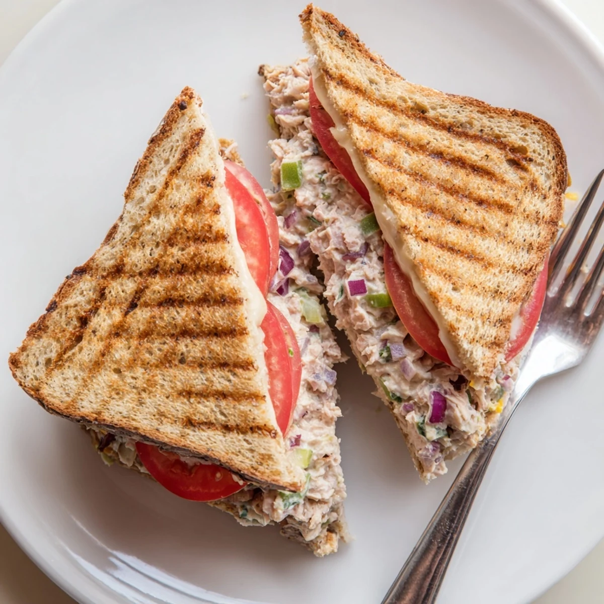 Classic tuna melt grilled to perfection with cheddar cheese on crispy buttered sourdough bread