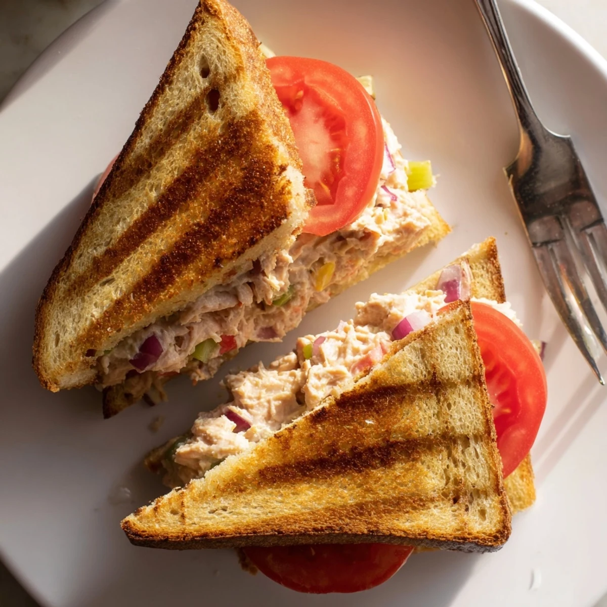 Golden toasted tuna melt sandwich oozing melted Swiss cheese with creamy tuna salad filling
