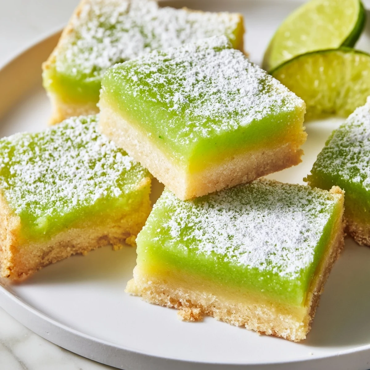 Golden zesty lime citrus bars with powdered sugar dusting on white serving plate