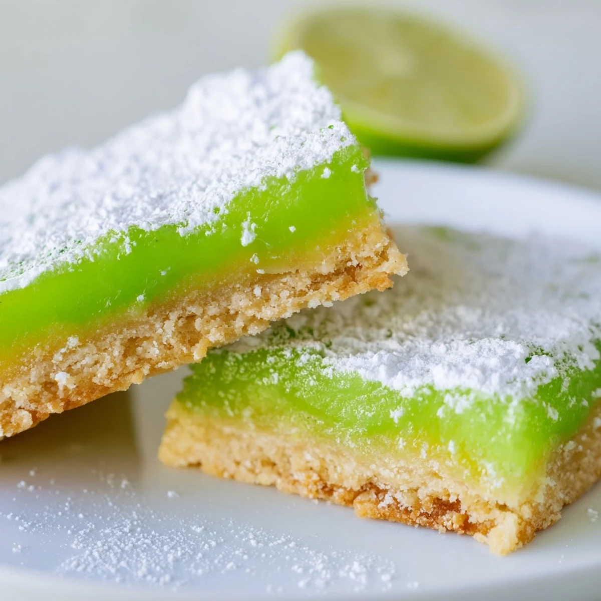 Buttery shortbread crust topped with bright green lime filling cut into square bars