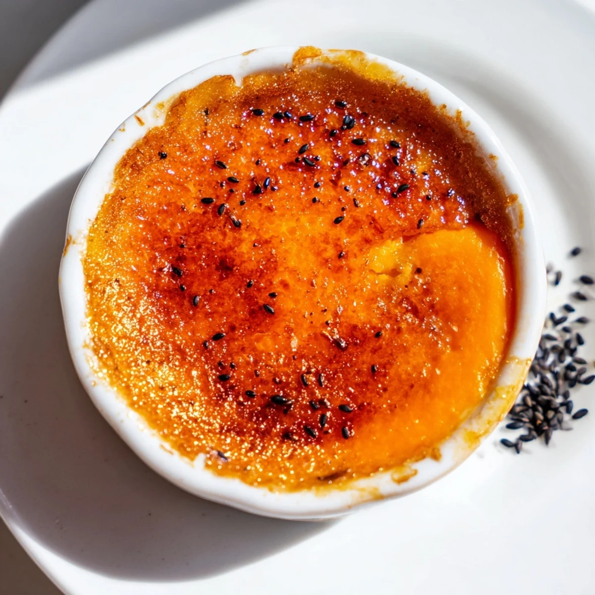 Golden caramelized sugar tops creamy Japanese sweet potato crème brûlée in a white ramekin