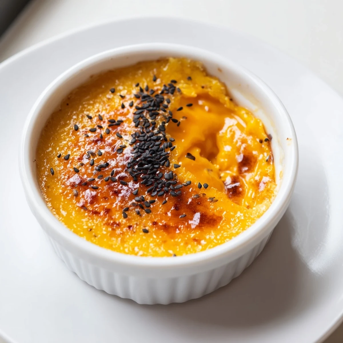 Silky Japanese sweet potato custard brûlée showing golden caramelized sugar layer in ramekin