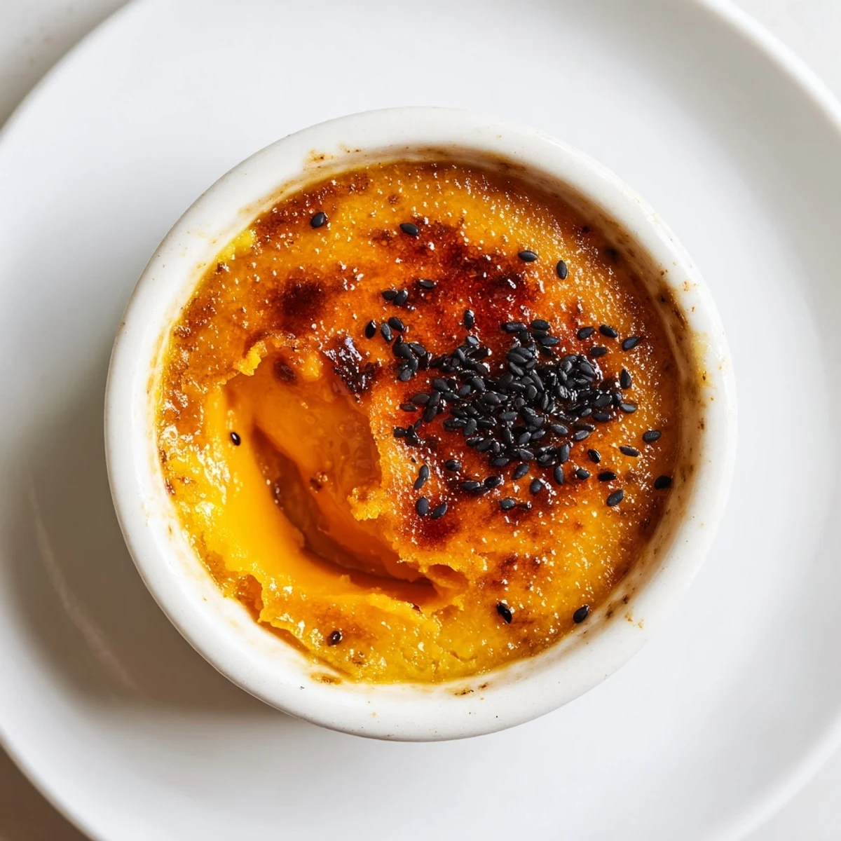 Rich Japanese sweet potato crème brûlée with crackling burnt sugar garnish on white plate