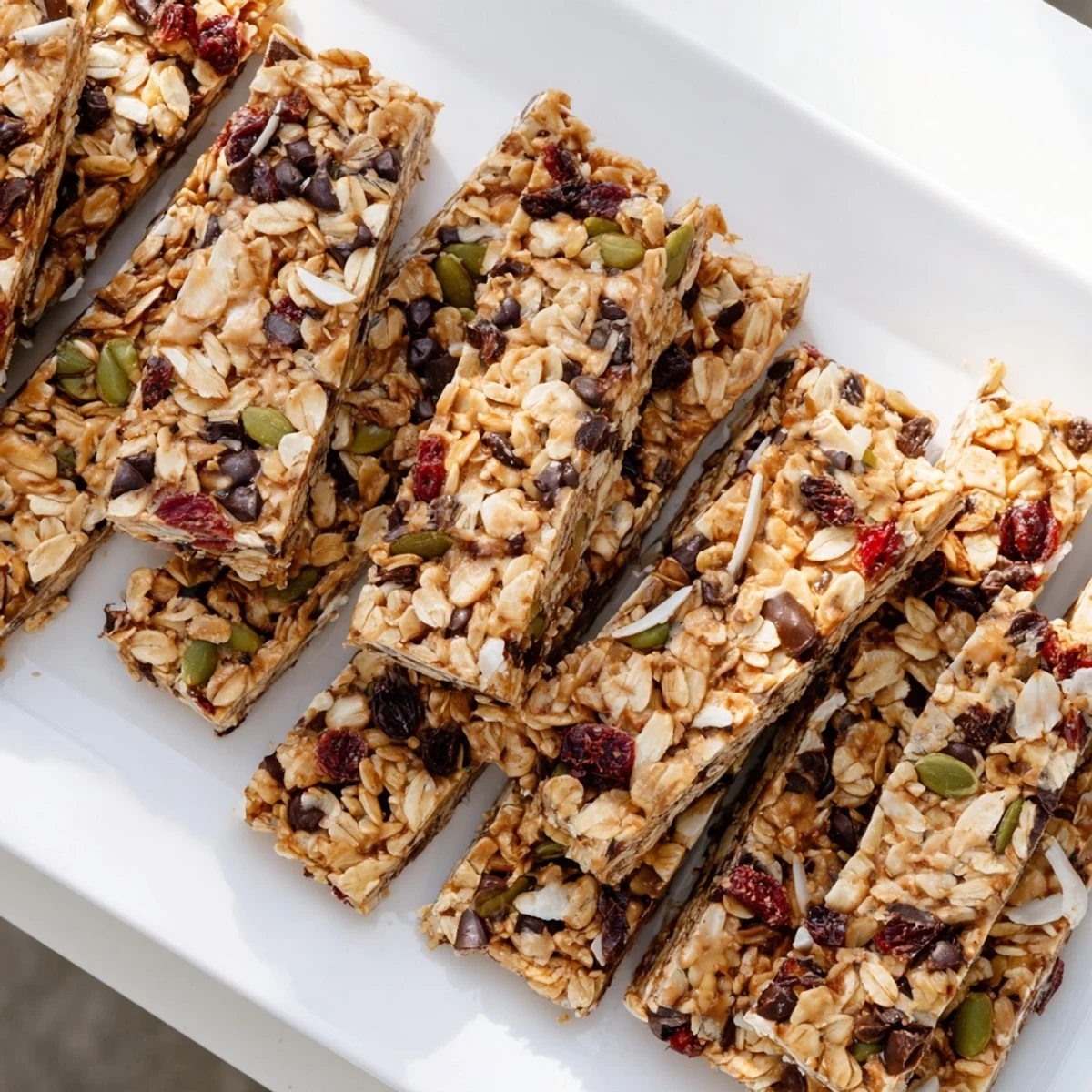 Golden brown healthy homemade granola bars studded with chocolate chips and chopped nuts on a wooden cutting board