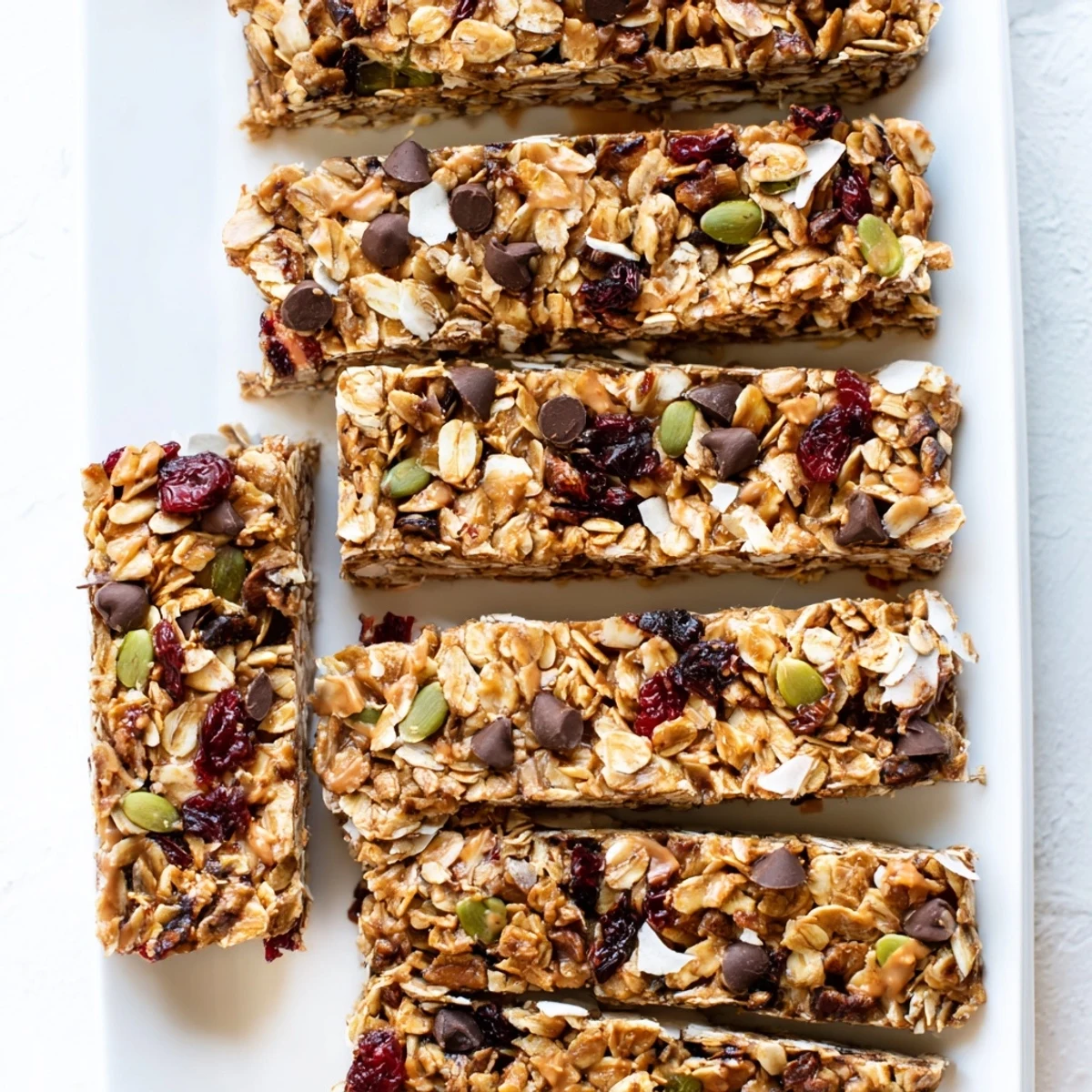 Chewy wholesome oat and nut mixture pressed into a square baking pan before being cut into rectangular bars