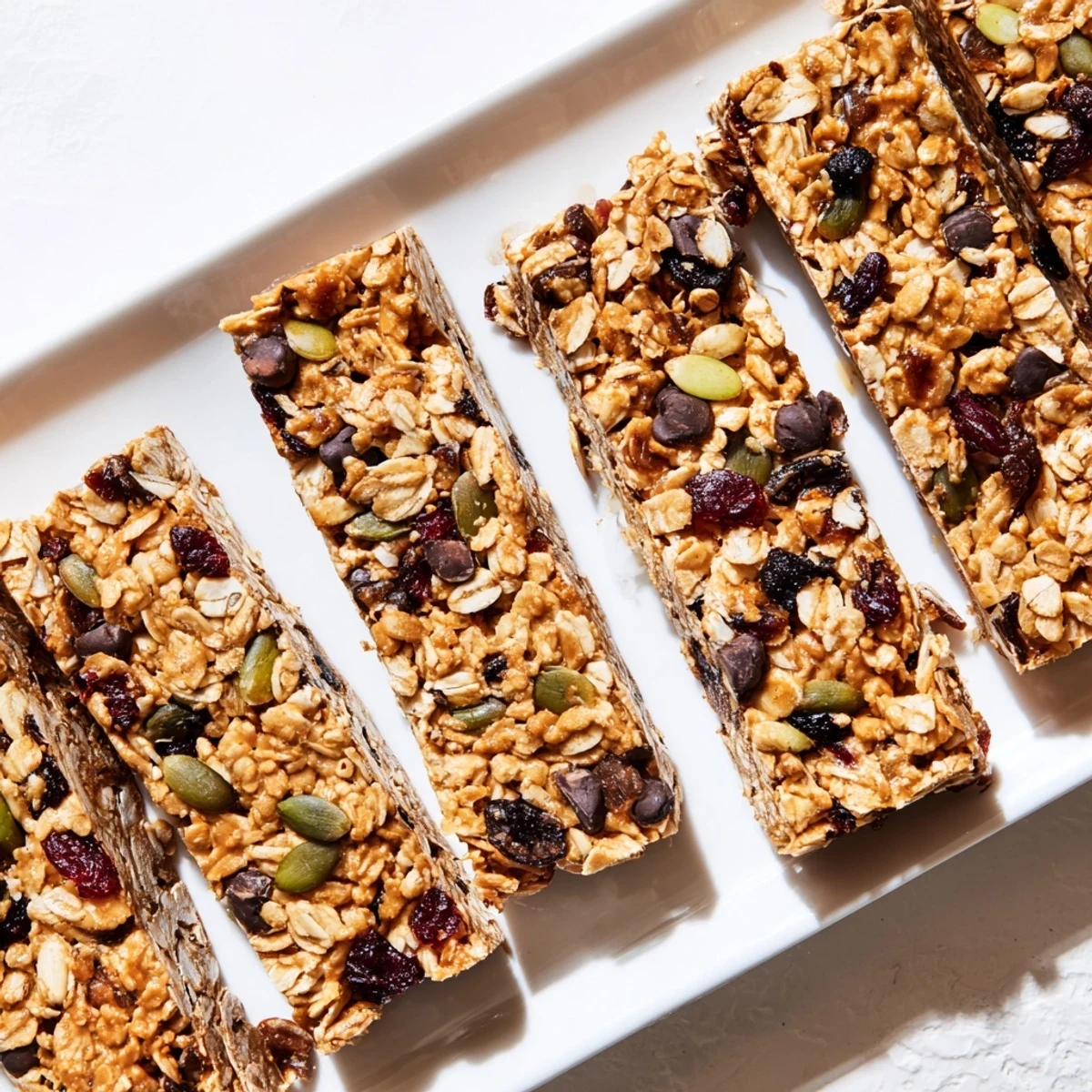 Stack of three healthy homemade granola bars showing layers of oats, almonds, pumpkin seeds, and dark chocolate pieces