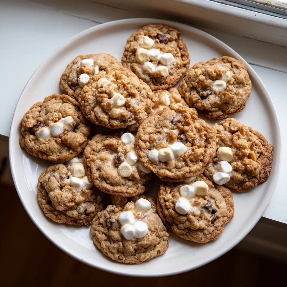 Freshly baked marshmallow crispy cookies copycat featuring golden edges with melted marshmallows and crispy rice cereal