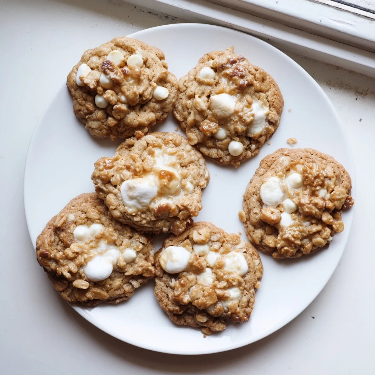 Bakery-style marshmallow crispy cookies copycat stacked on a wire rack with gooey marshmallow peaks visible