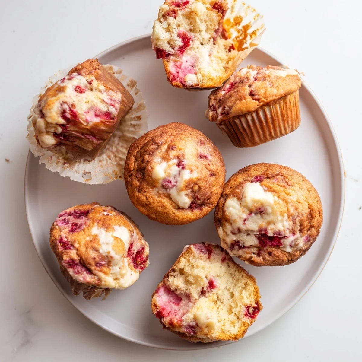 Golden strawberry cream cheese muffins with fresh berries and swirling cream cheese center