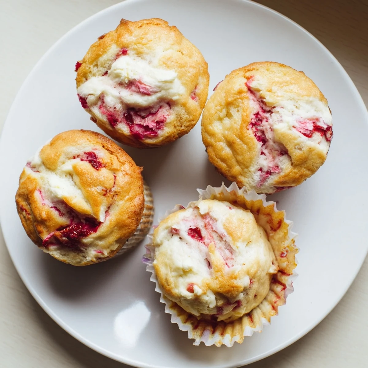 Fresh strawberry muffins filled with creamy cheese and baked until golden brown