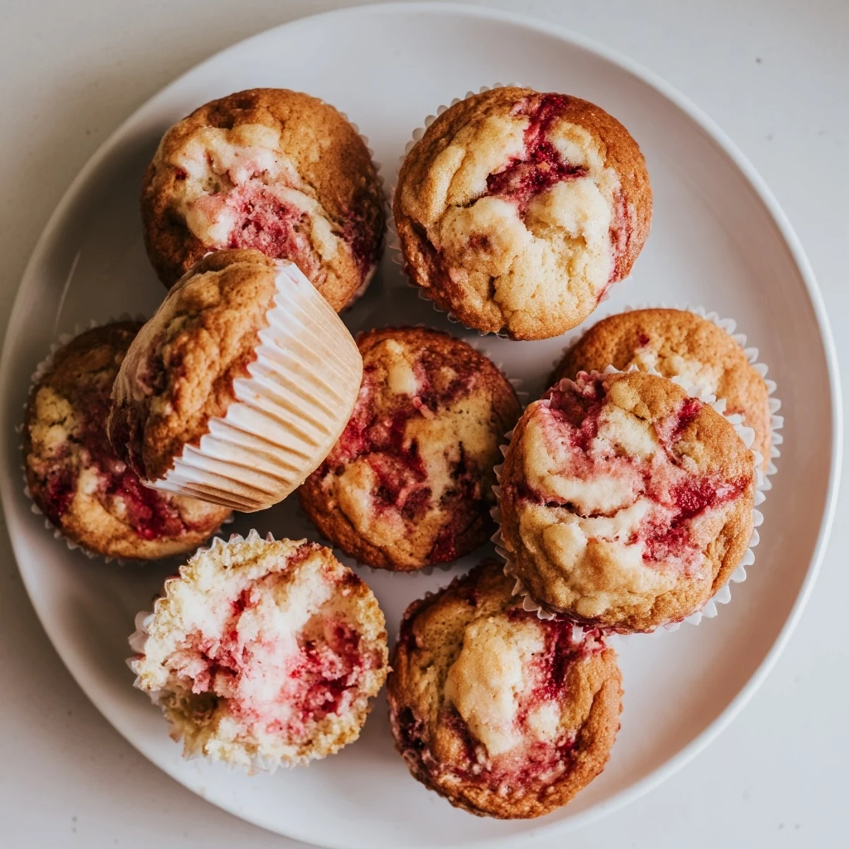 Moist strawberry cream cheese muffins topped with red fruit and soft vanilla filling