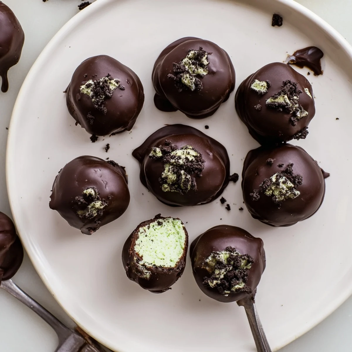 Rich homemade mint Oreo truffles drizzled with white chocolate and garnished with green cookie crumbs