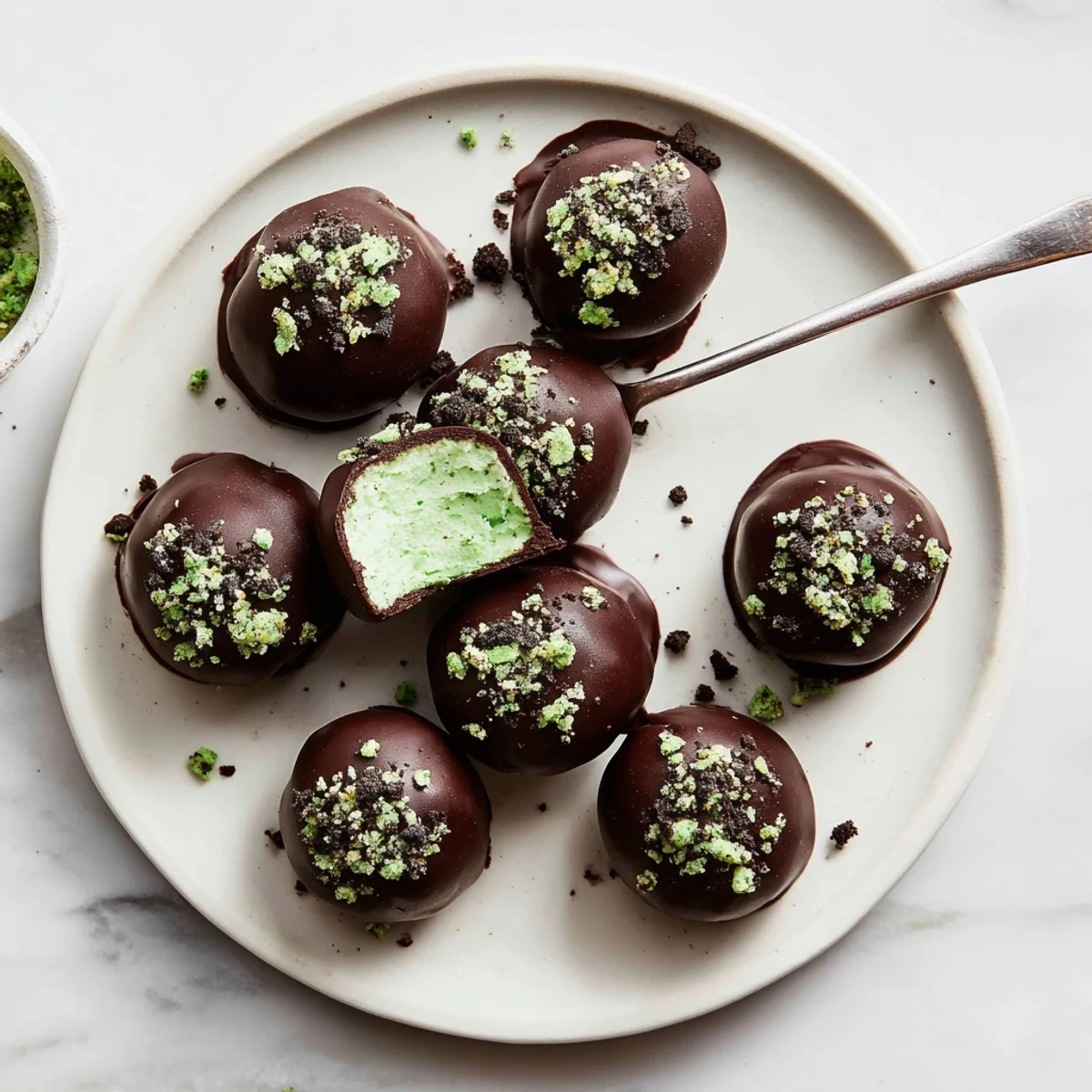 Chocolate-dipped mint Oreo truffles arranged on a white plate ready for parties and gatherings