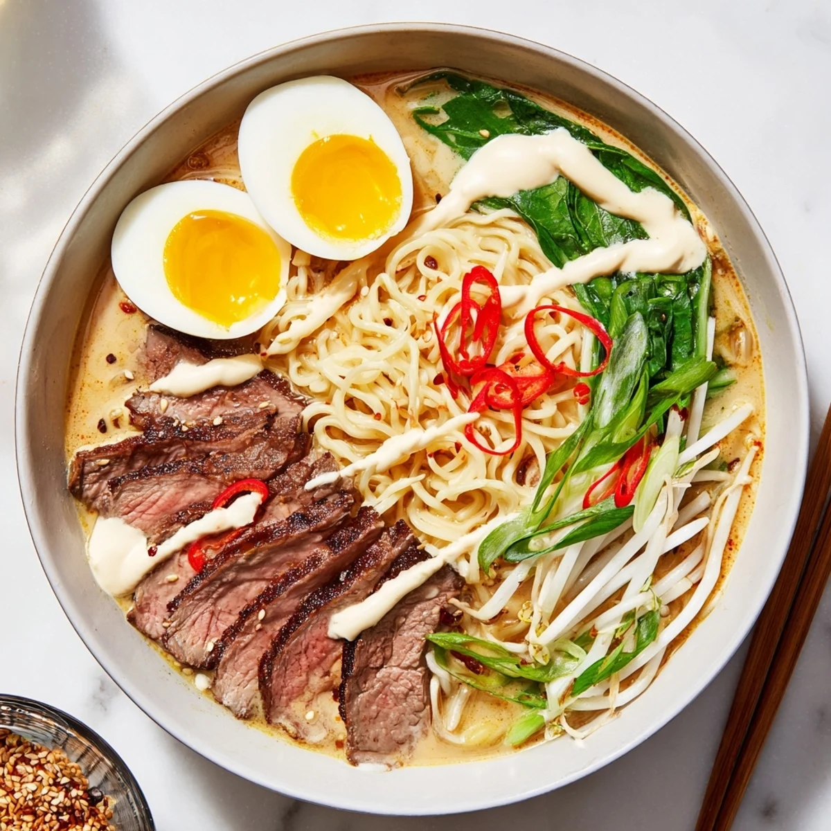 Homemade spicy beef ramen noodles with creamy garlic sauce, garnished with sesame seeds and fresh chili