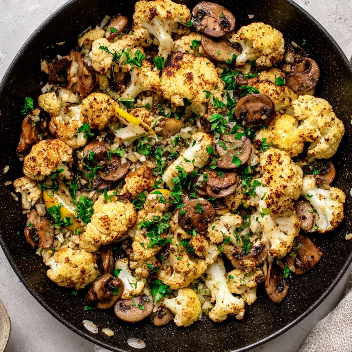 Golden garlic mushrooms and cauliflower skillet sizzling with fresh herbs and lemon zest