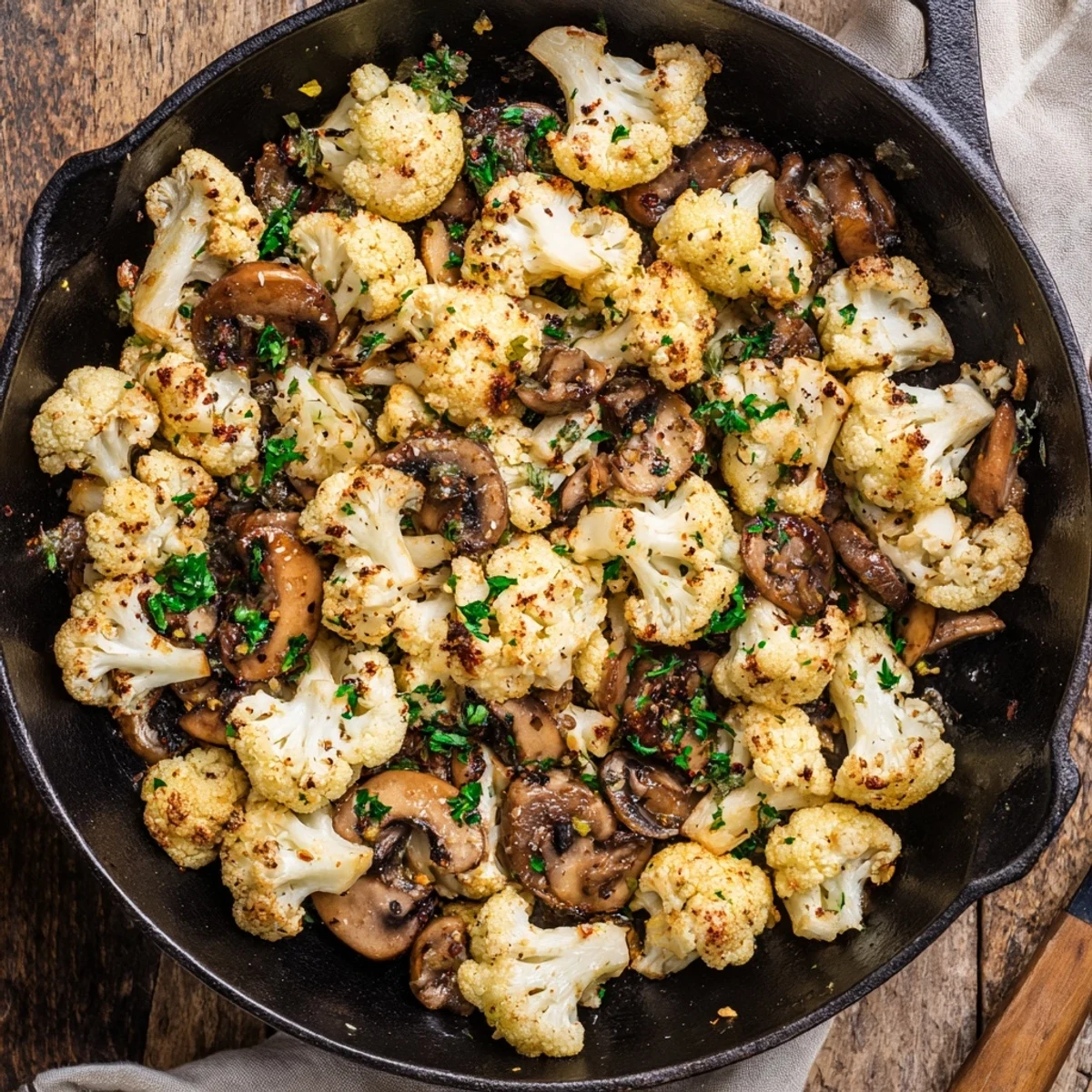 Savory vegetarian garlic mushrooms and cauliflower skillet featuring tender browned vegetables in a pan