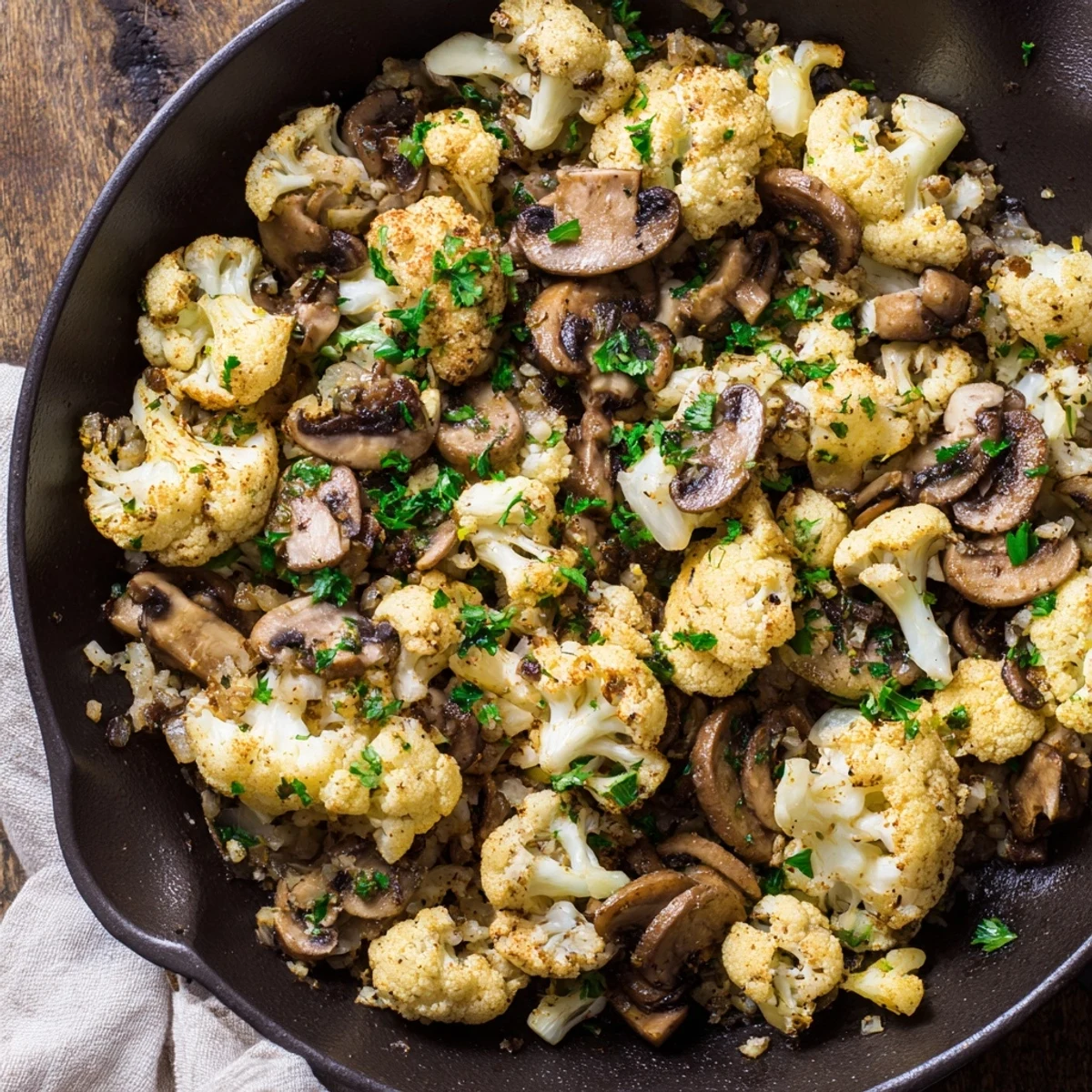 Wholesome garlic mushrooms and cauliflower skillet topped with parsley and ready for serving