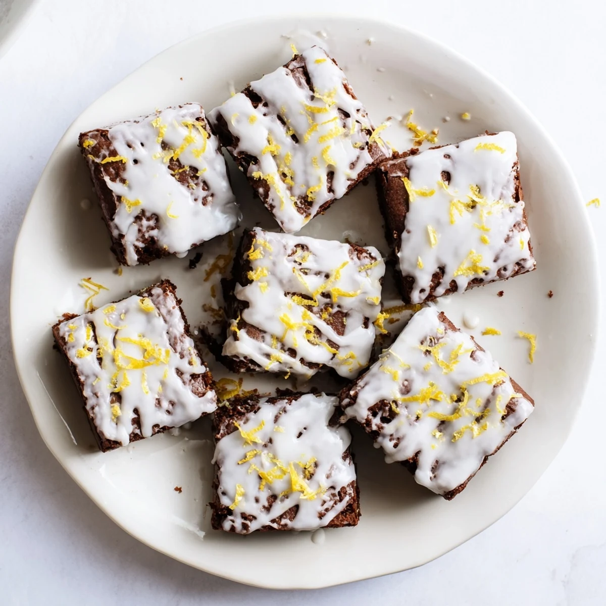 Golden lemon zest buttery brownies with tangy glaze and fresh citrus garnish on a white plate