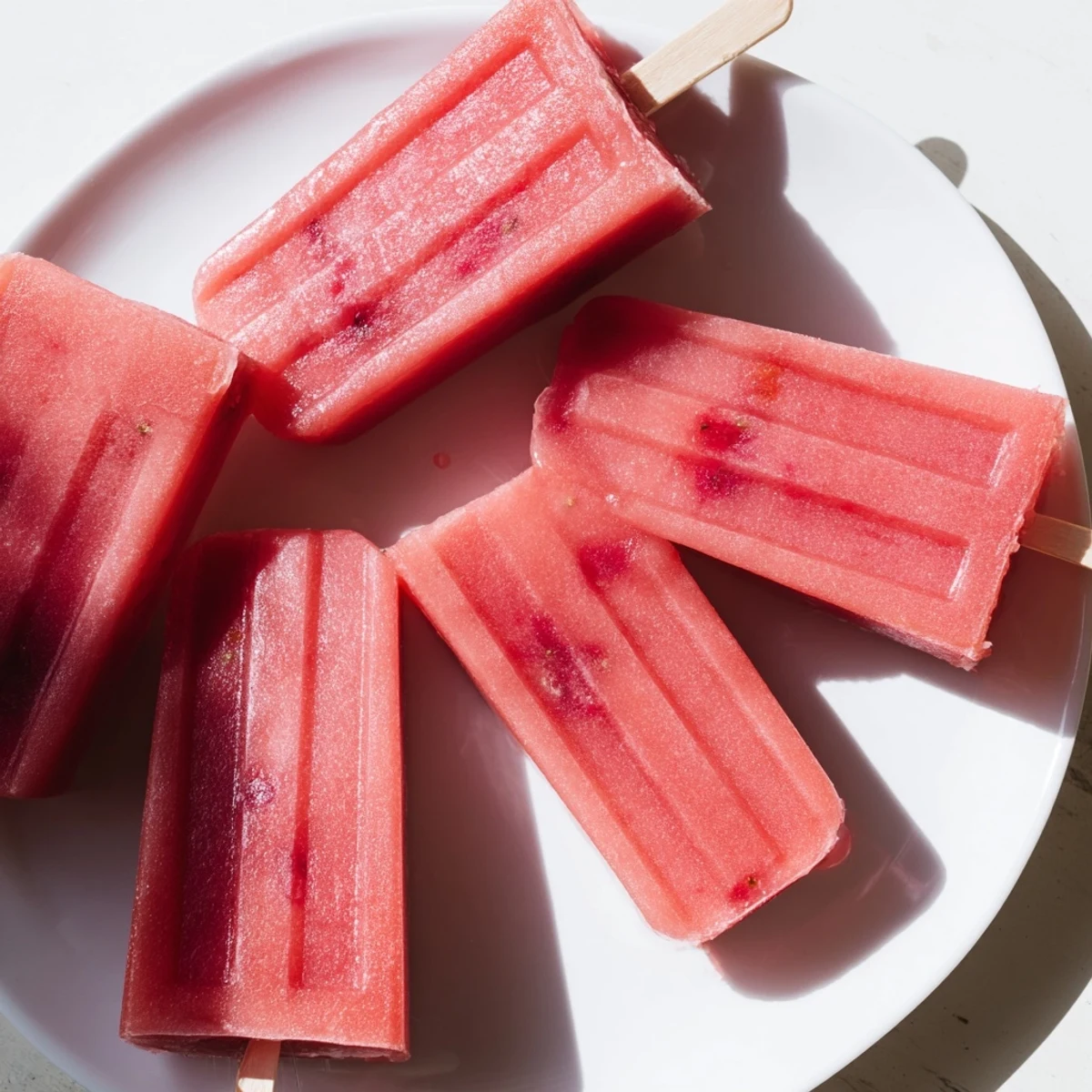 Fresh strawberry and watermelon popsicles freezing in molds on wooden surface
