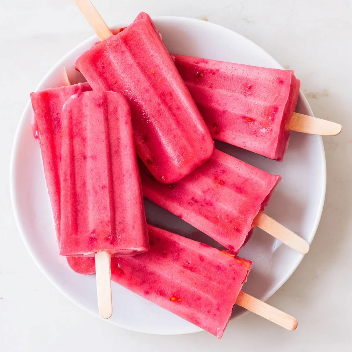 Homemade strawberry watermelon popsicles in molds with vibrant pink red fruity color