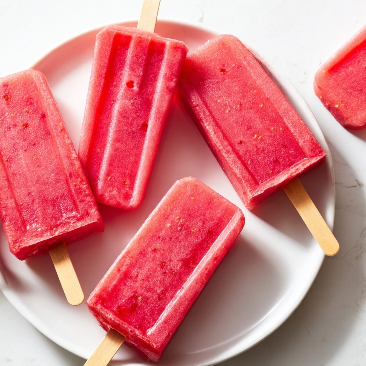 Layered fruit popsicles showing blended strawberries and watermelon ready for summer treats