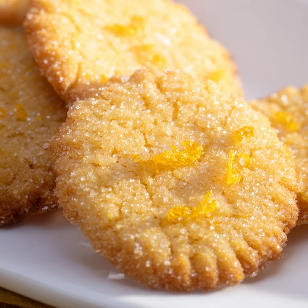 Golden brown orange sugar zest cookies with sparkling sugar coating on cooling rack