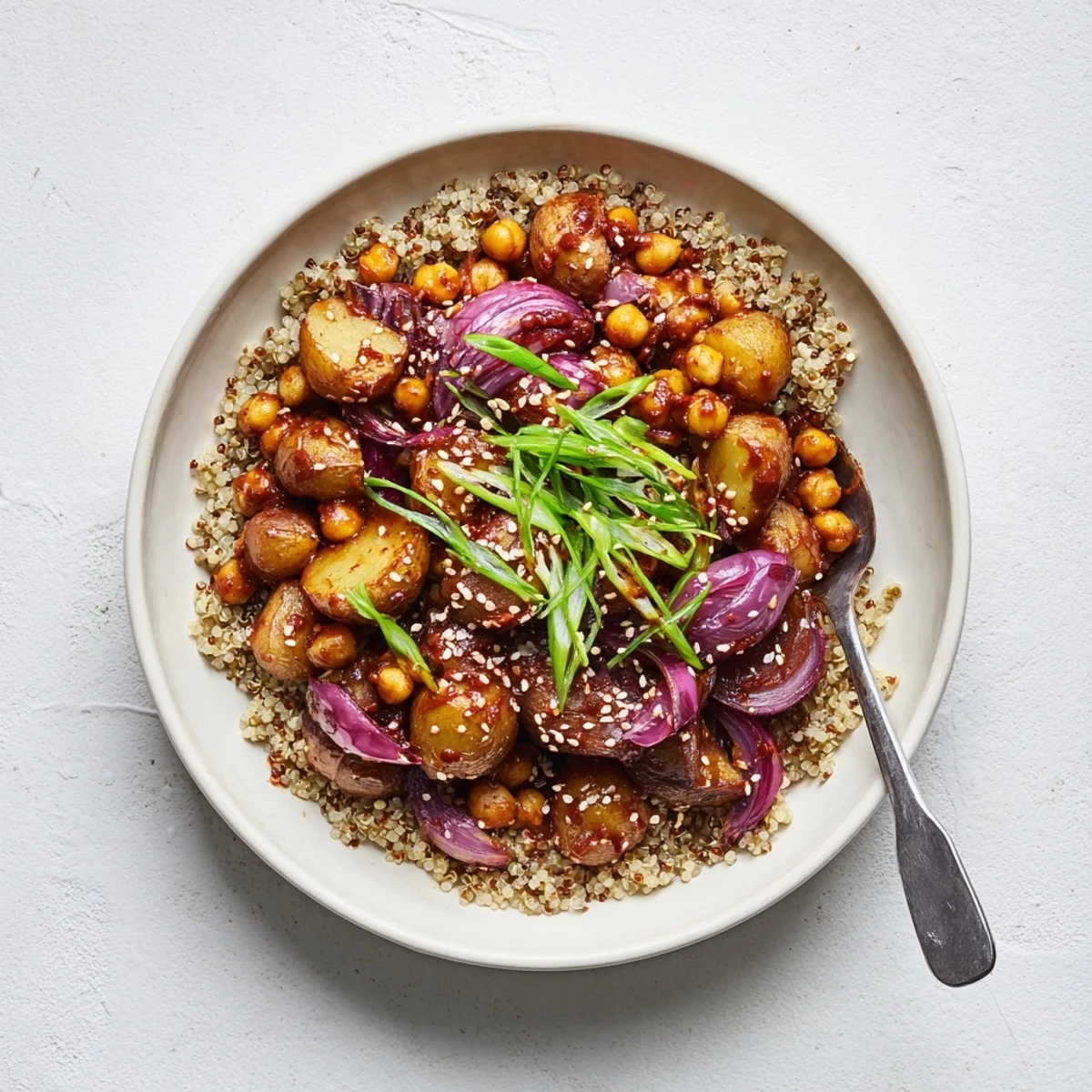 Golden roasted potatoes and crispy chickpeas coated in spicy gochujang sauce over fluffy quinoa bowl