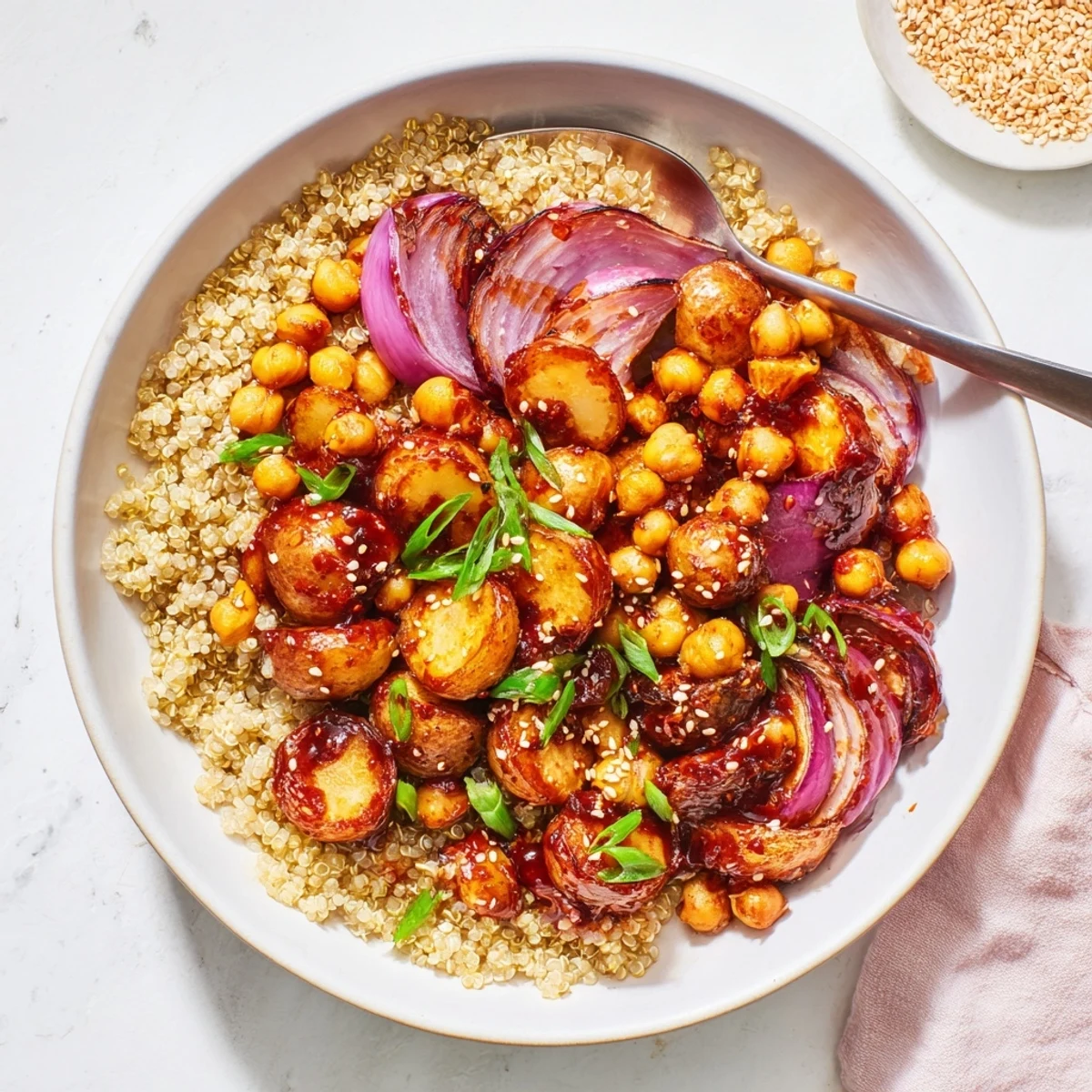 Vegan gochujang potatoes and chickpeas quinoa bowl garnished with sesame seeds and fresh spring onions