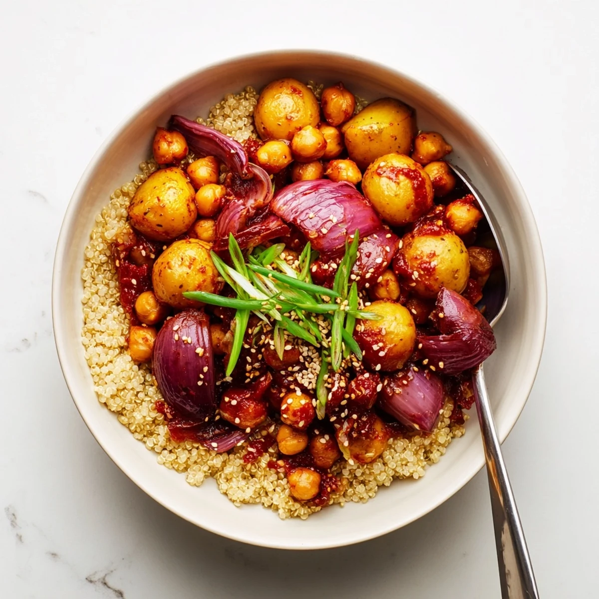 Hearty Korean-inspired quinoa bowl with gochujang glazed potatoes chickpeas and red onion slices
