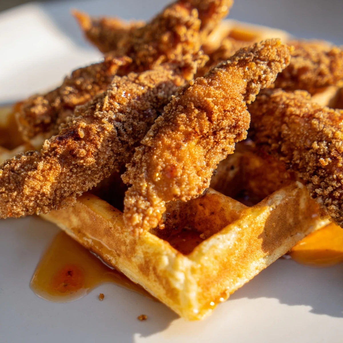 Golden crispy vegan fried mushroom chicken rests atop fluffy homemade waffles drizzled with spicy maple syrup