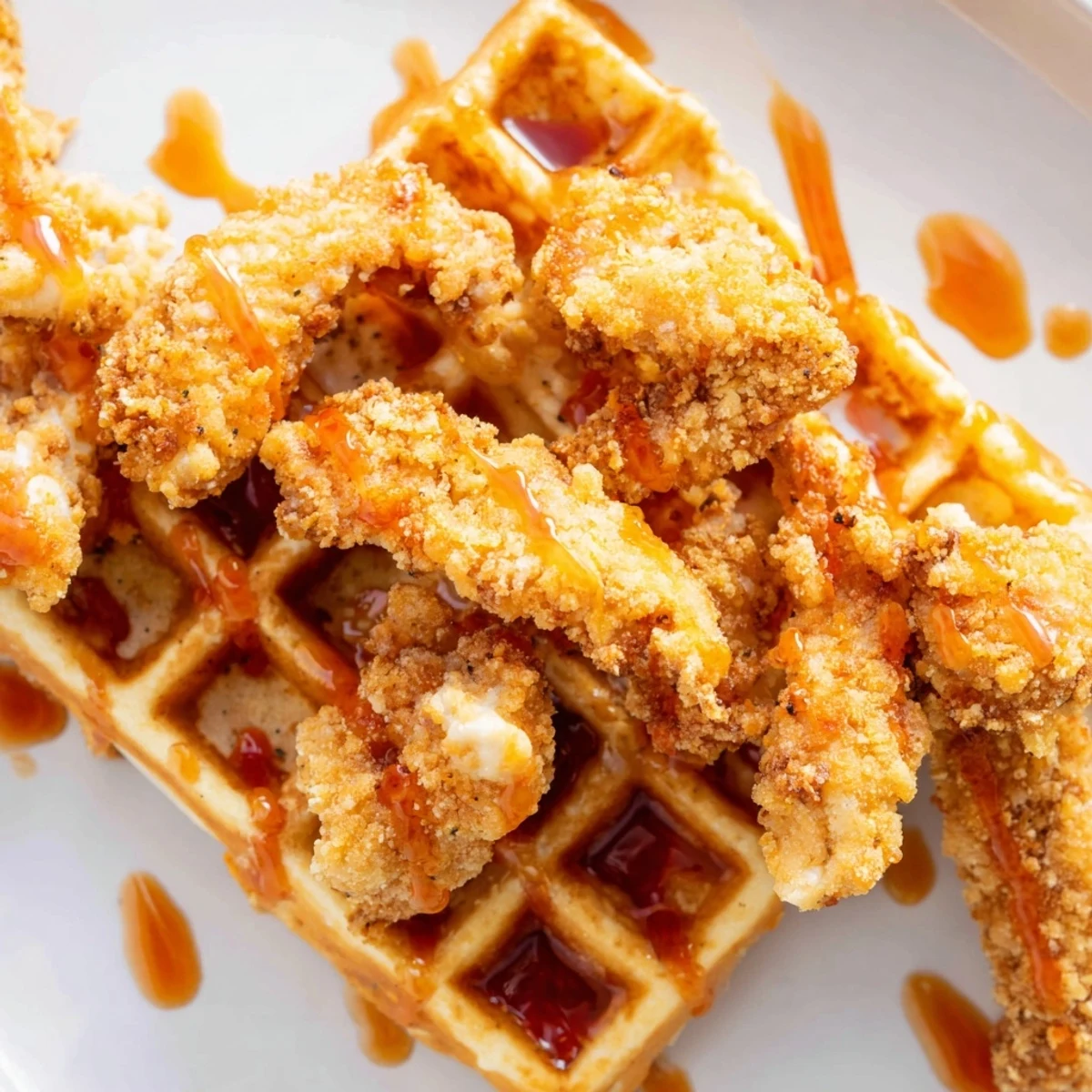 Plate of Juneteenth vegan chicken and waffles featuring breaded oyster mushrooms over golden brown Belgian waffles