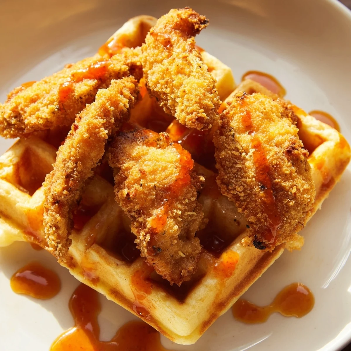 Stack of warm waffles topped with southern style crispy plant-based chicken strips and sweet maple hot sauce glaze