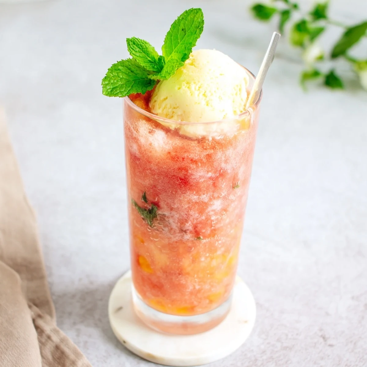 Tall glass of watermelon mango float with vanilla ice cream scoop and fresh mint garnish