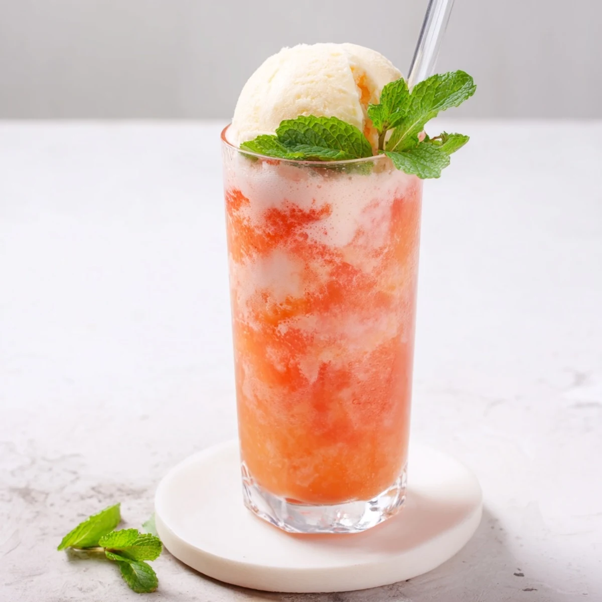 Tropical watermelon mango float in clear glass with layered fruit blend and fizzy soda bubbles