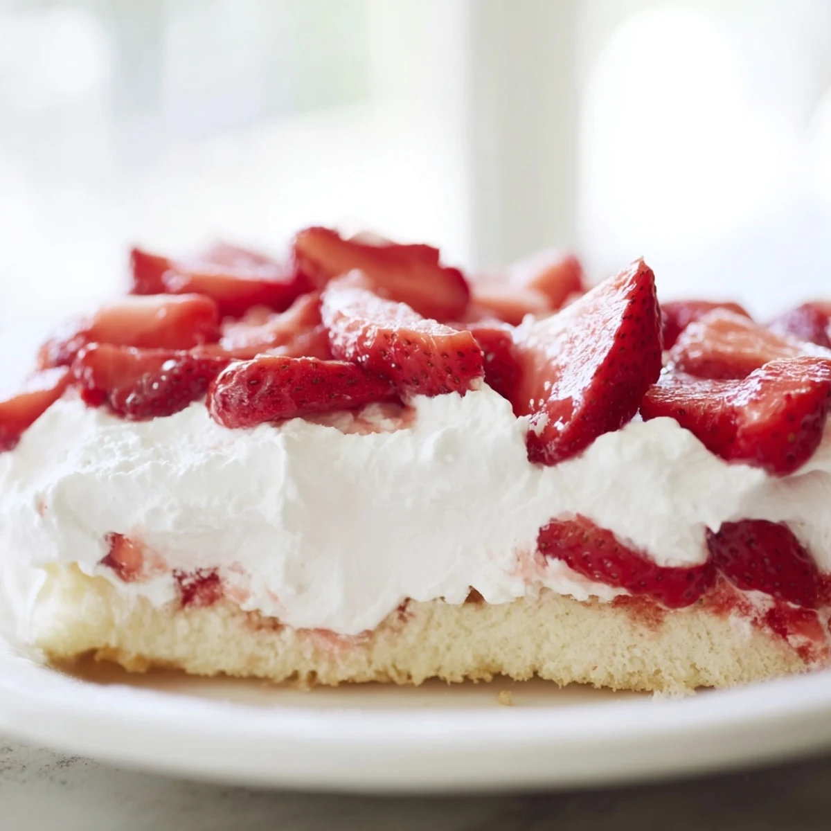 Golden vanilla strawberry shortcake sheet cake topped with fluffy whipped cream and fresh macerated berries