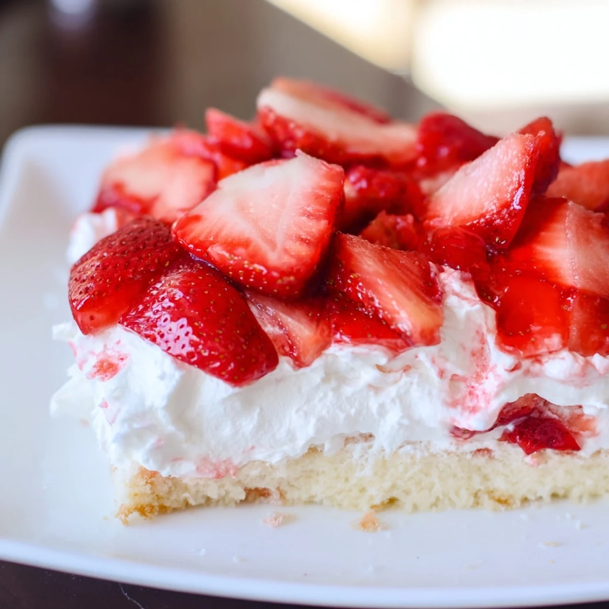 Rustic rectangular strawberry shortcake sheet cake sliced into squares revealing white cream and red fruit