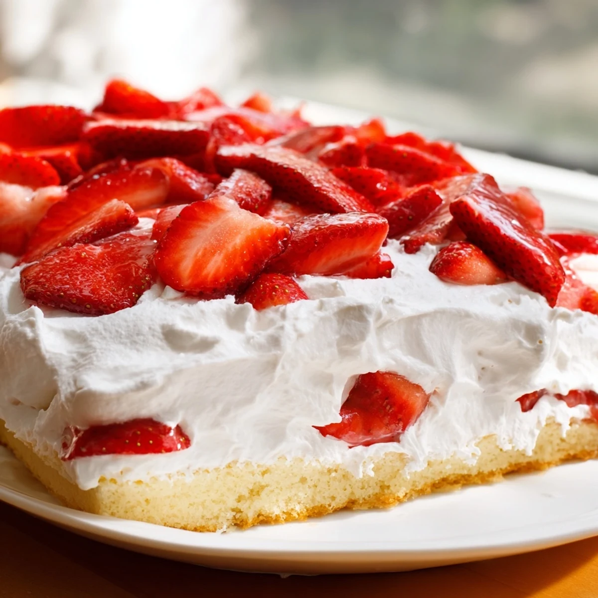 Crowd-pleasing strawberry shortcake sheet cake with tender sponge layers and juicy glazed strawberry topping
