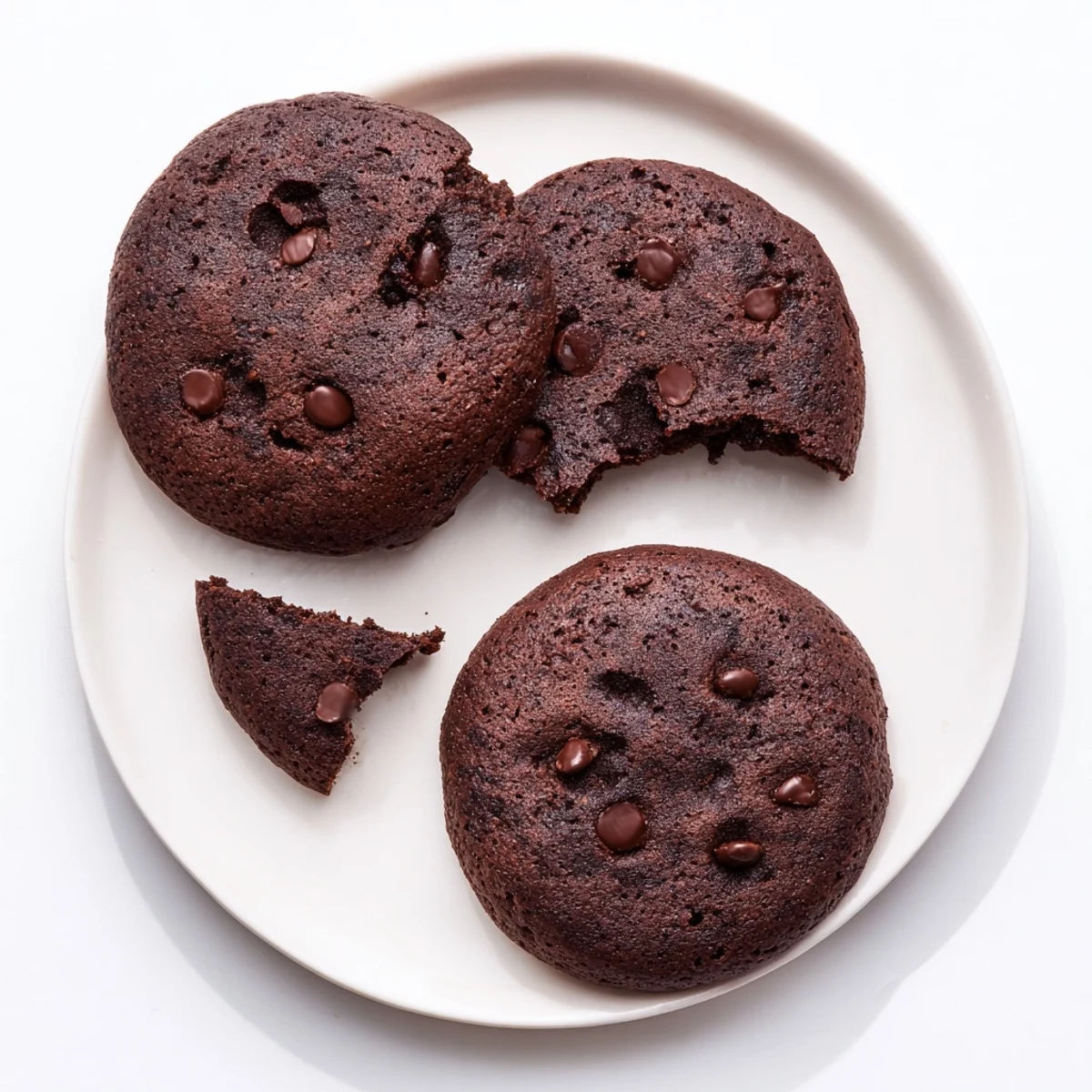 Chewy chocolate espresso cookies stacked on a wooden board, featuring melty chocolate chips and deep brown color
