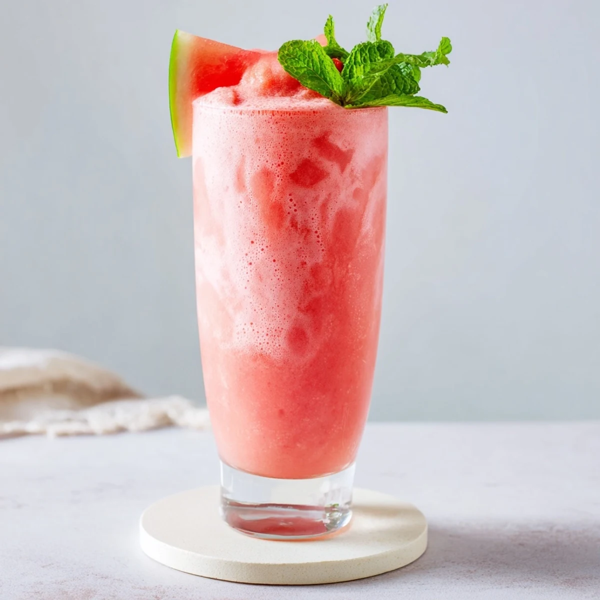 Tall glass of creamy watermelon milkshake topped with fresh mint and watermelon wedge