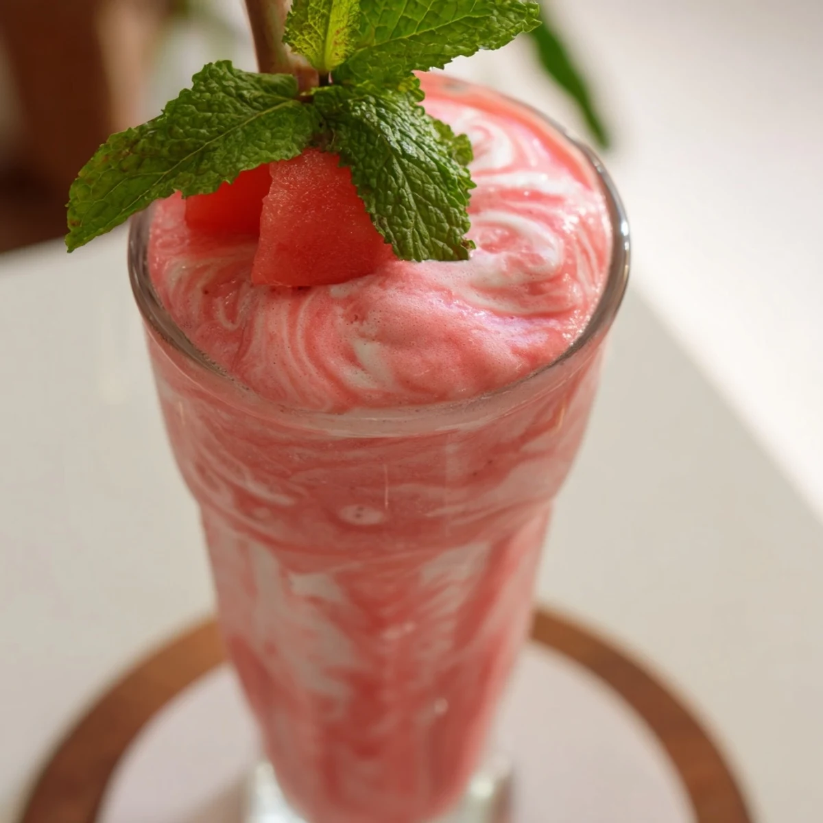 Refreshing summer watermelon milkshake swirl in clear glass with green garnish on white background