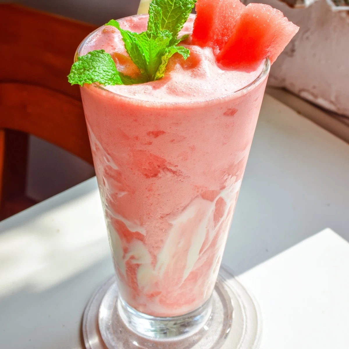 Pink blended watermelon milkshake poured into glass with ice cubes on wooden table